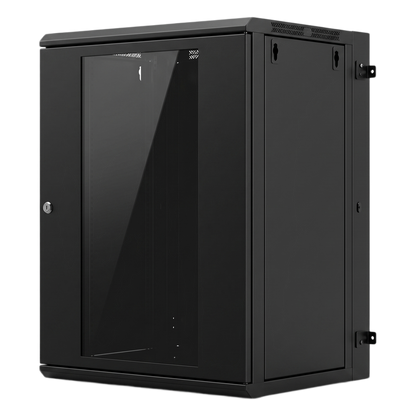 Gabinete Rack / 16 Unidades Rack (UR) / Puerta Cristal Templado / Montaje Pared / Acero Calibres 18-22 / Abatible 120° / Ventilación 120 mm