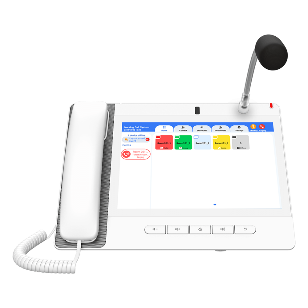 Teléfono IP Color Blanco Android 9.0 Empresarial para voceo 20 líneas SIP, pantalla táctil, Wi-Fi y Bluetooth, PoE, Voceo/ Musica por Multicast