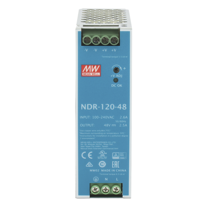 Fuente de poder industrial de 120 W, salida 48 Vcc, entrada 90~264 VCA, para montaje en riel DIN,