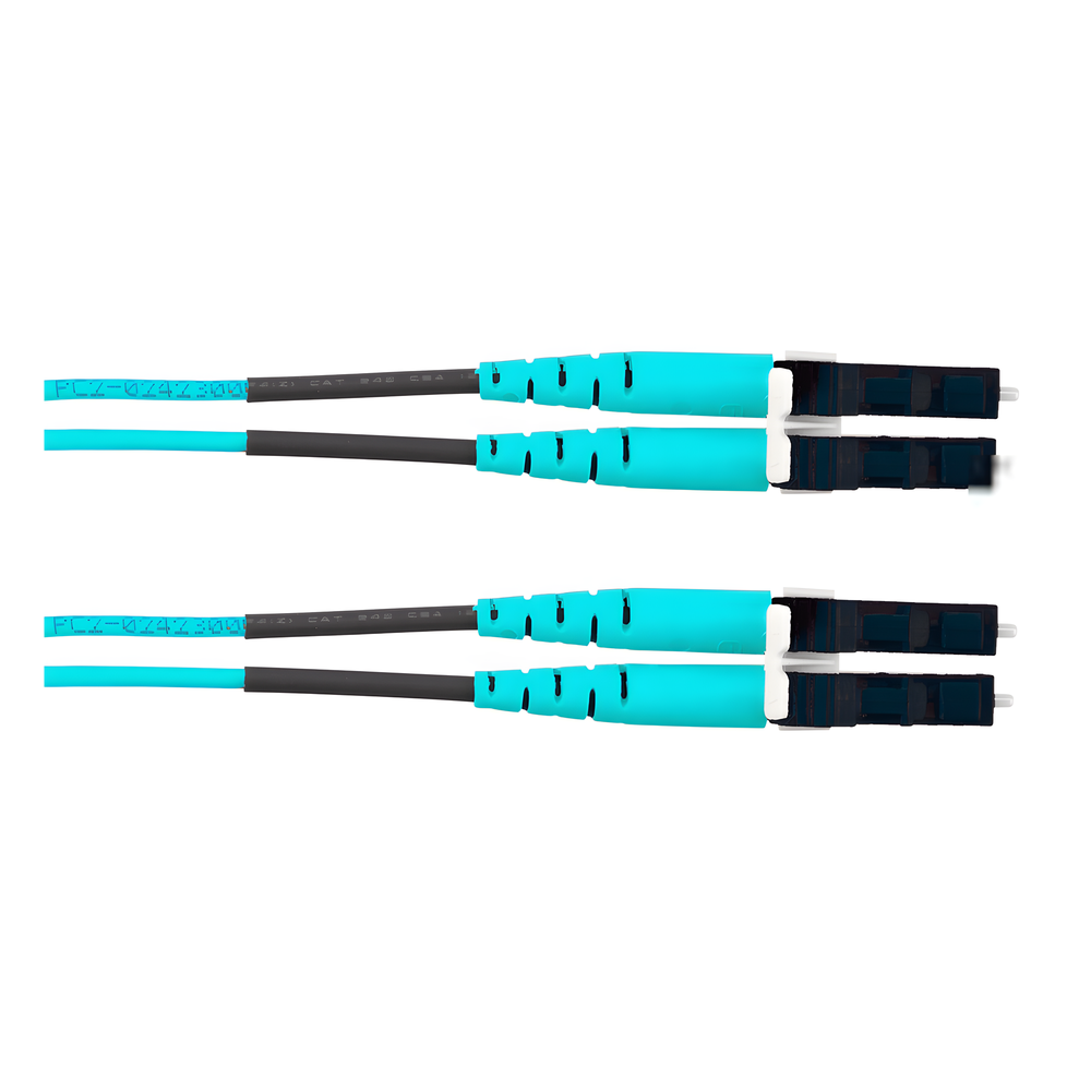 Jumper de Fibra Óptica Multimodo 50/125 OM4, LC-LC Duplex, OFNR (Riser), Color Aqua, 18 Metros (59.06 Pies)