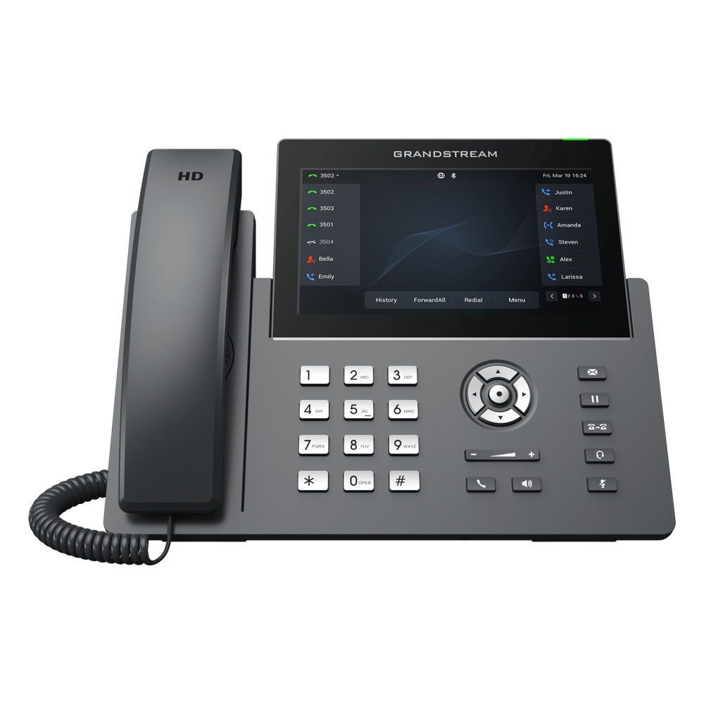 Teléfono IP Wi-Fi, Grado Operador, 12 líneas SIP con 6 cuentas, pantalla táctil 7", puertos Gigabit, Bluetooth, PoE, codec Opus, IPV4/IPV6 con