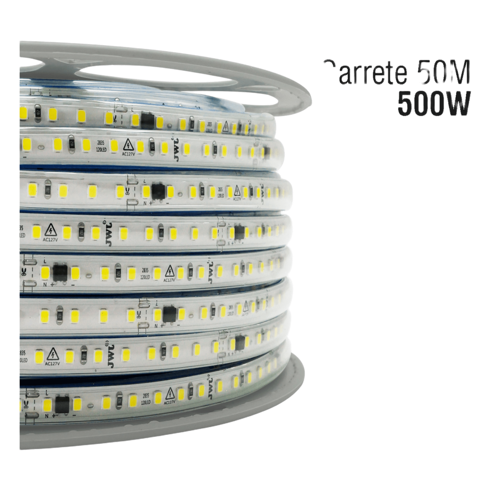 Manguera LED Luminosa Blanca de Resina Transparente y Flexible / Para uso Interior o Exterior / Carrete de 50 m/ 110V CA 4.2 A/ 500 W Potencia