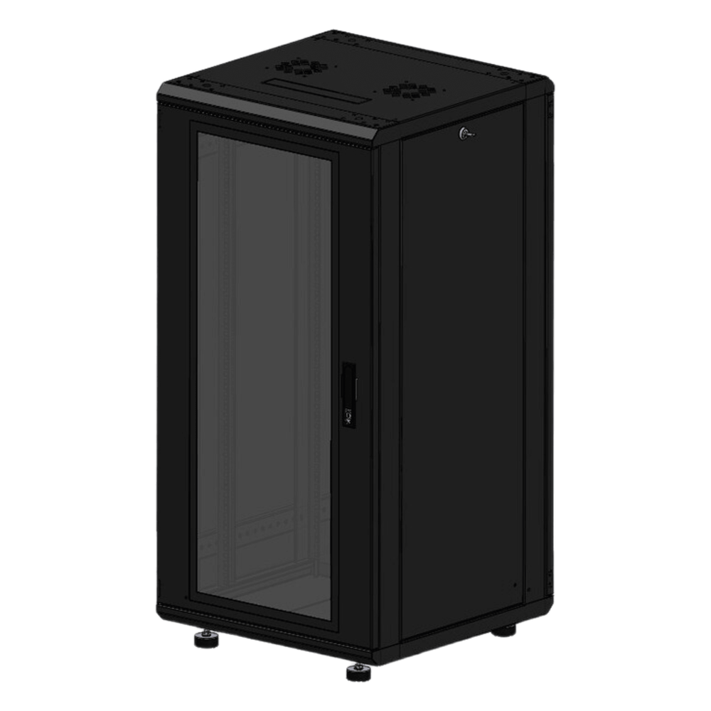 Gabinete Rackeable 19 Pulgadas / 24 Unidades / Piso / Puerta de Cristal / Capacidad 750 Kg / Dimensiones 600 x 605 x 1190 mm / Ventilación 120 mm