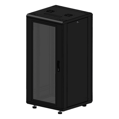 Gabinete Rackeable 19 Pulgadas / 24 Unidades / Piso / Puerta de Cristal / Capacidad 750 Kg / Dimensiones 600 x 605 x 1190 mm / Ventilación 120 mm