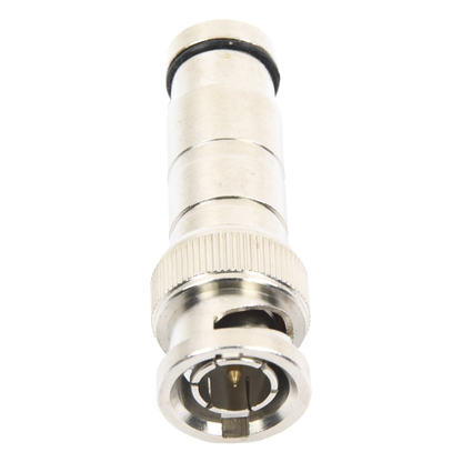 Conector BNC Macho en 75 Ohm, de Compresión Axial para Cable Coaxial RG-59/U, Níquel/ Oro/ Politetrafluoroetileno.