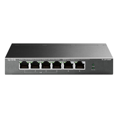 Switch PoE no Administrable de escritorio / 6 puertos 10/100 Mbps / 4 puertos PoE af/at / Presupuesto 67 W / Modo Extensor hasta 250 m / Calidad
