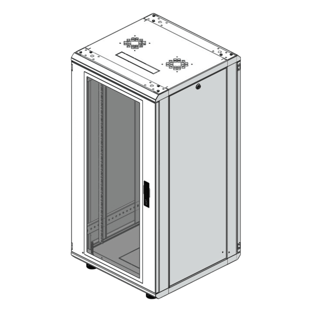 Gabinete Rack 24 Unidades / 19 Pulgadas / Puerta de Cristal / Piso / Acero Calibres 16-18-20 / 750 Kg Carga / 600x605x1190 mm (23.6x23.8x46.9 in)