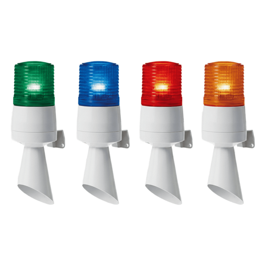 Luz LED con patrones de destello fijo y destellante con buzzer incorporado de alto volumen Máx. 95 dB color Verde 110 VCA