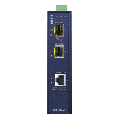 Convertidor de Medios Industrial de 1 Puerto Ethernet 10/100/1000 Base-T a 2 Puertos SFP 100/1000/2500 Base-X
