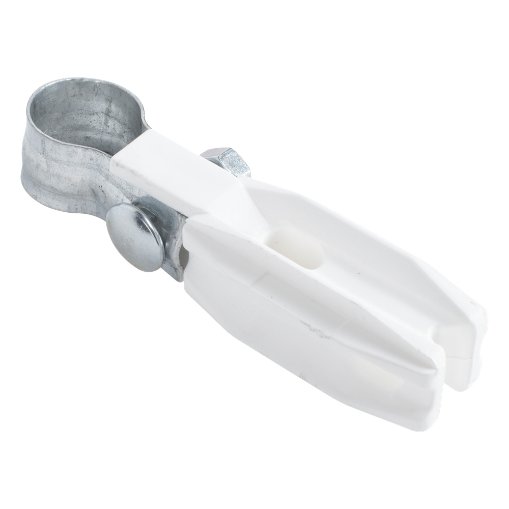 Aislador de Paso o Esquina Blanco con Abrazadera / 1 Pulgada (25 mm) / Resina Virgen 100% / Anti-Arqueo / Acero Galvanizado / Poste Cerco Eléctrico