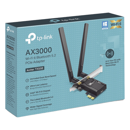 Adaptador PCIe inalámbrico doble banda AX3000 Mbps / Seguridad Inalámbrica WPA3 /Antena de alta ganancia / Tecnología MU-MUMO 2X2 / Soporte de perfil