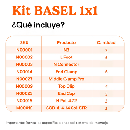 Kit Basel Sistema de Montaje Solar para 1 Módulo / Inclinación 10° / Para Módulo 645 W / Dimensiones del Módulo 2.382 m (7.8 ft) x 1.134 m (3.7 ft)