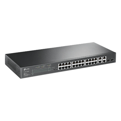 Switch PoE+ JetStream SDN Administrable 24 puertos 10/100 Mbps + 2 puertos 10/100/1000 Mbps (Uplink) + 2 puertos SFP (combo 2 RJ45 10/100/1000 Mbps)