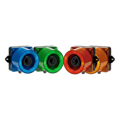 Combinacion de baliza LED color Azul y sirena electrónica de 31 tonos resistente a la intemperie de volumen máx. 123 dB a 12-24 VCD