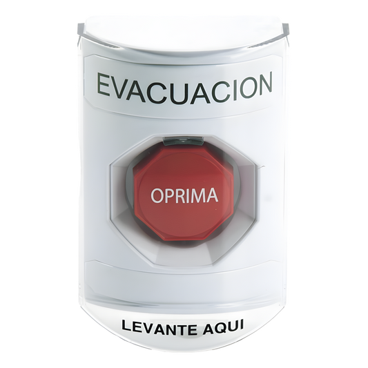 Botón de Evacuación, Cubierta de Policarbonato Súper Resistente de Superficie con Espaciador, Restablecimiento con Llave, Con Bocina de Advertencia