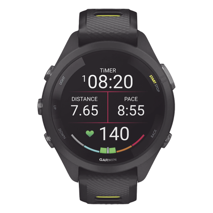 Forerunner® 265S, Bisel y carcasa en negro con correa de silicona en negro/amarillo