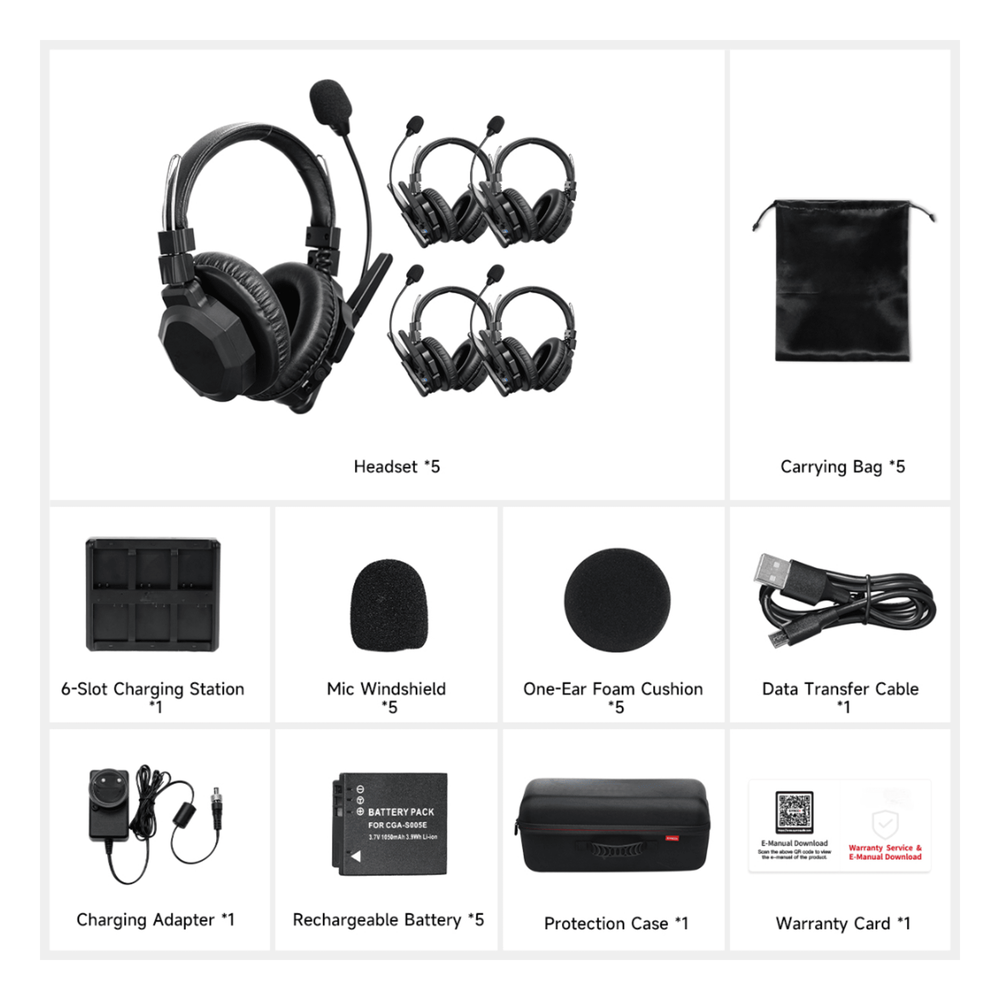 Intercomunicador Inalámbrico Binaural / Cancelación de Ruido IA / Rango 500 m (1640 ft) / Bluetooth / Batería 1050mAh / Resistente a Lluvia / Kit 5