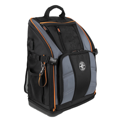 Mochila Profesional para Herramientas / 27 Bolsillos / Acceso Rápido y Estación de Trabajo / Base Moldeada Ancha / Interior Naranja / USB-C / Soporte