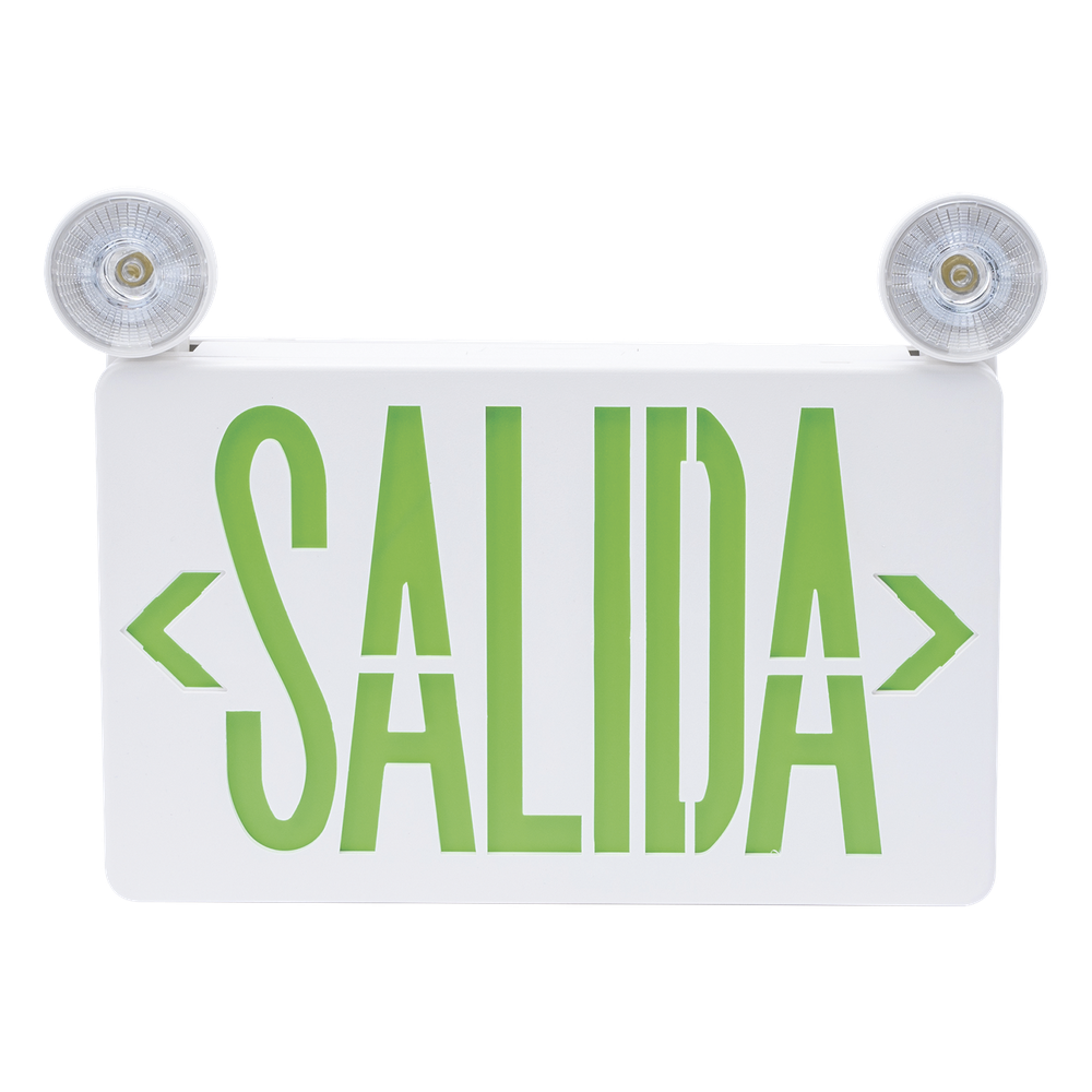 Letrero de Emergencia LED DUAL / Luz de Salida y Emergencia Integrada / Montaje Universal Pared-Lateral-Techo / Doble Voltaje 120-277 VAC / Batería