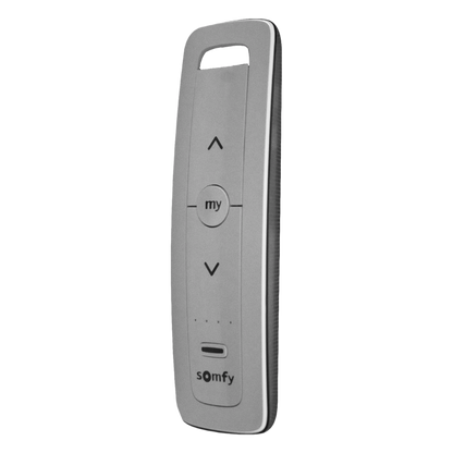 Control remoto 5 canales para motores de persiana Somfy con señal inalámbrica, instrucciones: sube, baja y detener, con posición favorita programada.