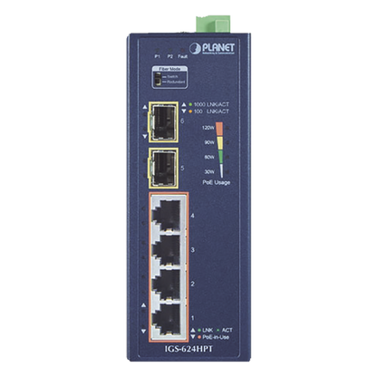 Switch PoE Industrial No Administrable de 4 Puertos PoE 10/100/1000T 802.3at, 2 Puertos SFP 10/1000X