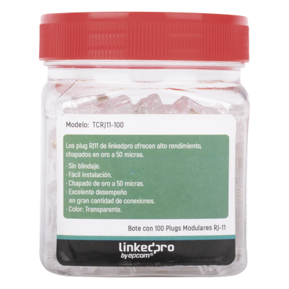 Bote con 100 Piezas de Plug Modular Tipo RJ11 de 4 Contactos Chapado de Oro a 50 Micras