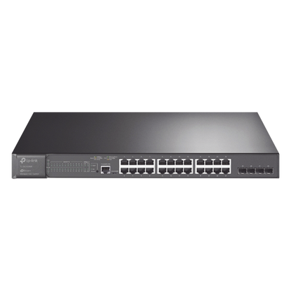 Switch L2+ Omada PoE+ / 24 Puertos PoE+ 10/100/1000 Mbps / 4 Puertos SFP 1G / 2 Puertos Consola (RJ45 y microUSB) / Administración Centralizada Omada