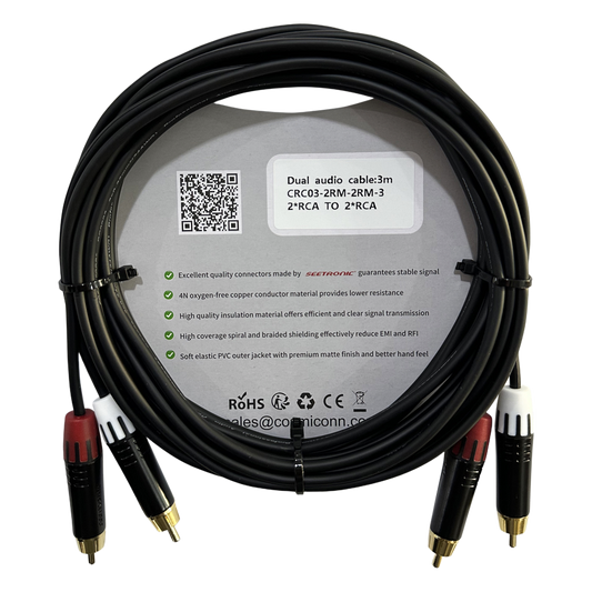 Cable 2 RCA x 2 RCA, conectores negros, con diferenciador de blanco y rojo (2x MT380-RD - 2x MT380-WH), length 3m