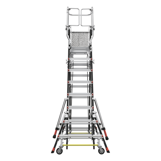 Escalera de Fibra de Vidrio con Jaula de 8'-14' (2.44 - 4.27 m). Con Ajuste en Ruedas (RATCHET™ Leveler) (SKU:18515-817).
