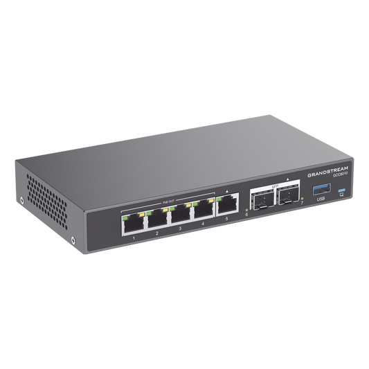 4 en 1: Firewall Nueva Generación, Router, IP PBX (24 usuarios / 8 llamadas), Switch Gigabit de 5 Puertos (4 PoE) y 2 Puertos SFP 2.5 Gigabit / Todos