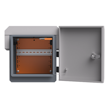 Gabinete de Acero Ventilado para Exterior 250 x 250 x 180 mm con Rieles DIN y 4 Placas Laterales para Montaje de Equipos por Fuera
