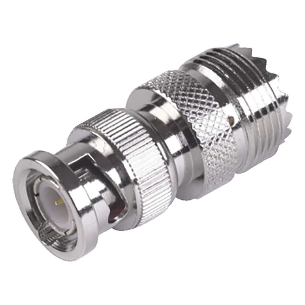 Adaptador en Linea para 50 Ohm, Conector BNC Macho-UHF Hembra (SO-239), Níquel/ Oro/ Delrin