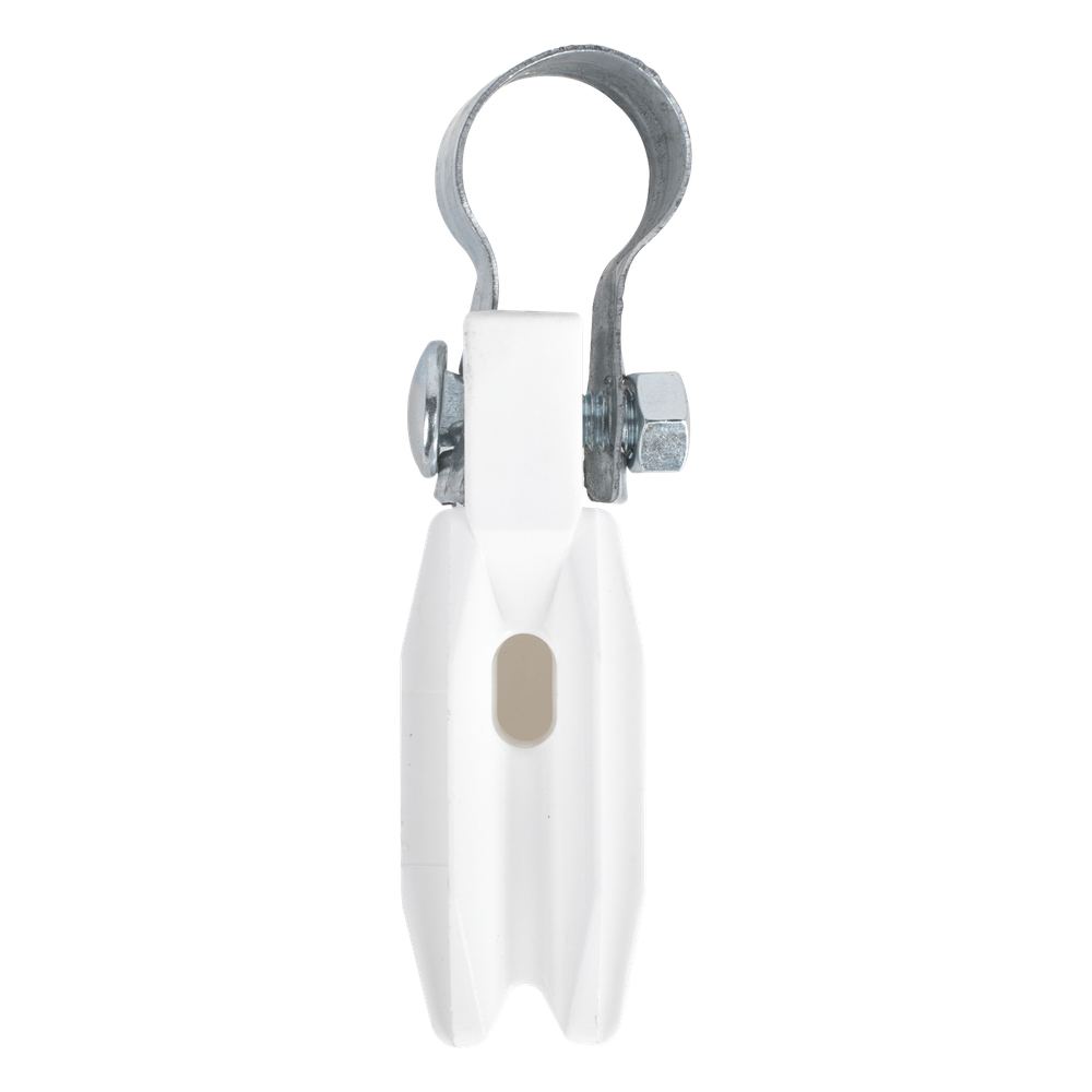 Aislador de Paso o Esquina Blanco con Abrazadera / 1 Pulgada (25 mm) / Resina Virgen 100% / Anti-Arqueo / Acero Galvanizado / Poste Cerco Eléctrico