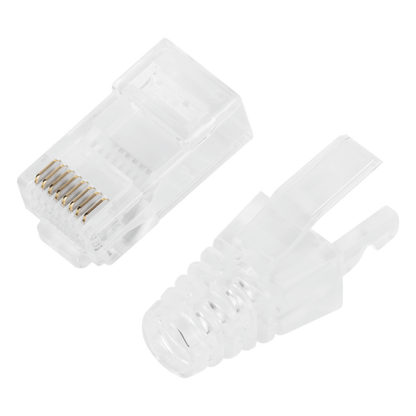 Bote con 50 Plugs Pass Through RJ45 Cat6 sin Blindaje, con Alivio de Tensión Incluido, Chapado de Oro a 30 Micras para Durabilidad Extrema