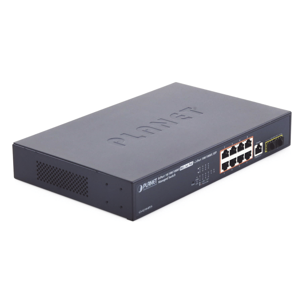 Switch Administrable Capa 2, 8 Puertos PoE 802.3af/at Gigabit, 140 W Max, 2 Puertos SFP, Modo Extendido Hasta 250 m, Soporta Administración en Nube