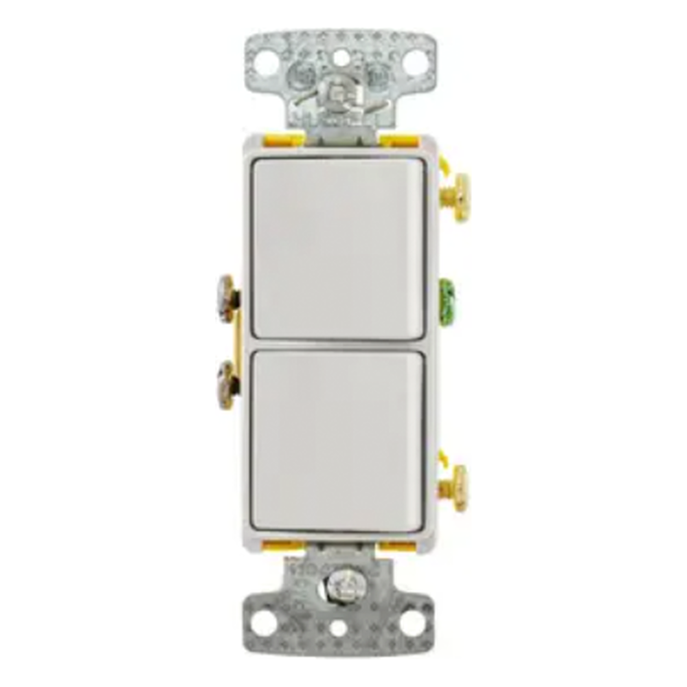 Interruptor Residencial 15 A 120-277 V, con 2 Bases Unipolares, Cableado lateral, Color Blanco.