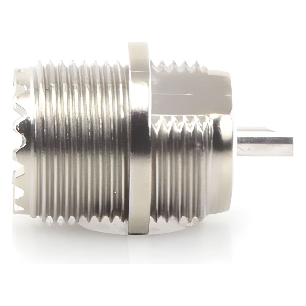 Conector UHF Hembra (SO-239) en Línea, Montaje Frontal en D Plano, Níquel/ Plata/ Baquelita
