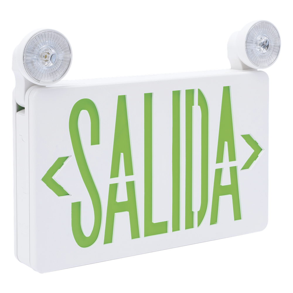 Letrero de Emergencia LED DUAL / Luz de Salida y Emergencia Integrada / Montaje Universal Pared-Lateral-Techo / Doble Voltaje 120-277 VAC / Batería