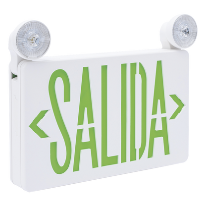 Letrero de Emergencia LED DUAL / Luz de Salida y Emergencia Integrada / Montaje Universal Pared-Lateral-Techo / Doble Voltaje 120-277 VAC / Batería