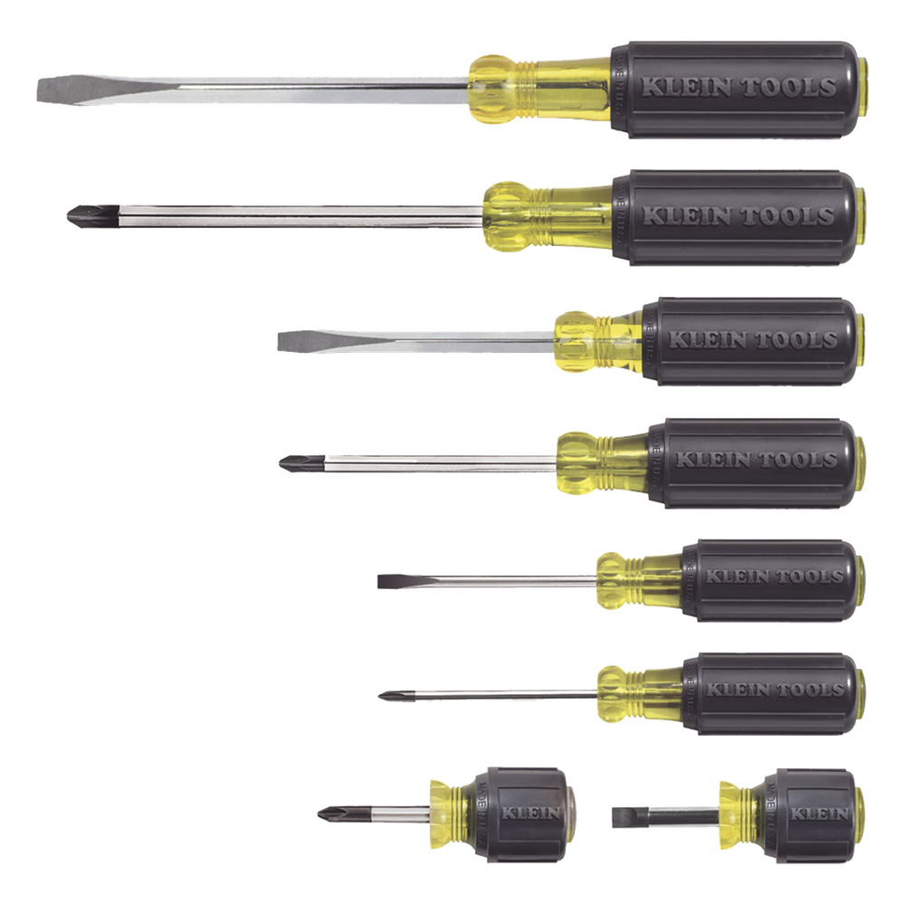 Juego de 8 Desarmadores con Mango Cushion-Grip™: 2 de punta Plana de 1/4'' (6.4 mm) y 5/16'' (7.9 mm); 2 de punta Cabinet de 5/16'' (7.9 mm) y 3/16''