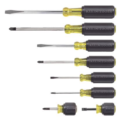Juego de 8 Desarmadores con Mango Cushion-Grip™: 2 de punta Plana de 1/4'' (6.4 mm) y 5/16'' (7.9 mm); 2 de punta Cabinet de 5/16'' (7.9 mm) y 3/16''