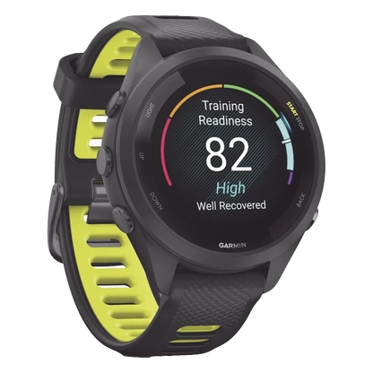 Forerunner® 265S, Bisel y carcasa en negro con correa de silicona en negro/amarillo