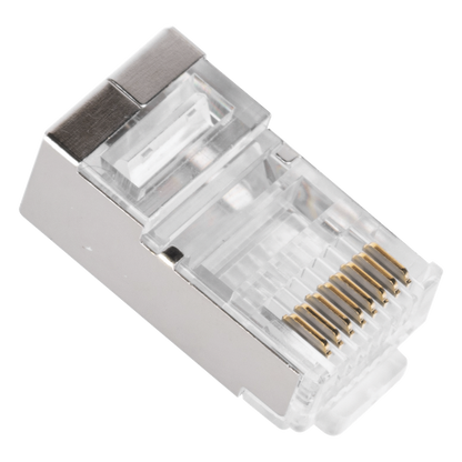 Bote con 100 Plugs Pass Through RJ45 Cat5e Blindado, Chapado de Oro a 30 Micras para Durabilidad Extrema