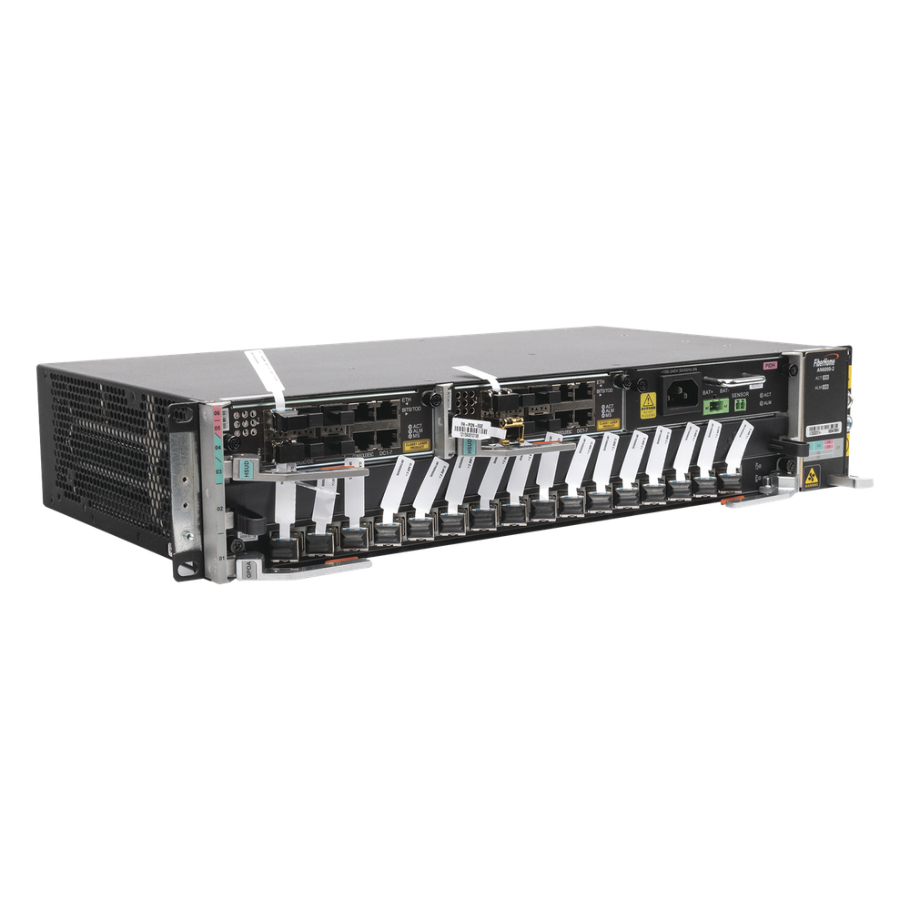 OLT Carrier Class Modular GPON, 2 Ranuras, Incluye 1 Tarjeta GPOA de 16 puertos GPON, 1 Fuente de CA, 2 UR, Gestión por UNM2000, CLI, Incluye