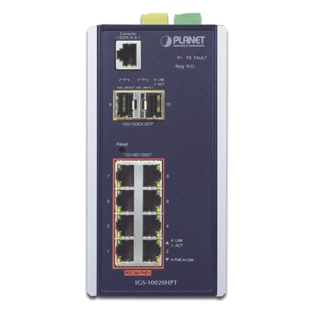 Switch Industrial Administrable Capa 2, 8 puertos PoE Gigabit 802.3af/at, 2 Puertos SFP de 1 / 2.5 Gigabit, Entrada de Voltaje Secundaria para Fuente