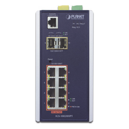 Switch Industrial Administrable Capa 2, 8 puertos PoE Gigabit 802.3af/at, 2 Puertos SFP de 1 / 2.5 Gigabit, Entrada de Voltaje Secundaria para Fuente