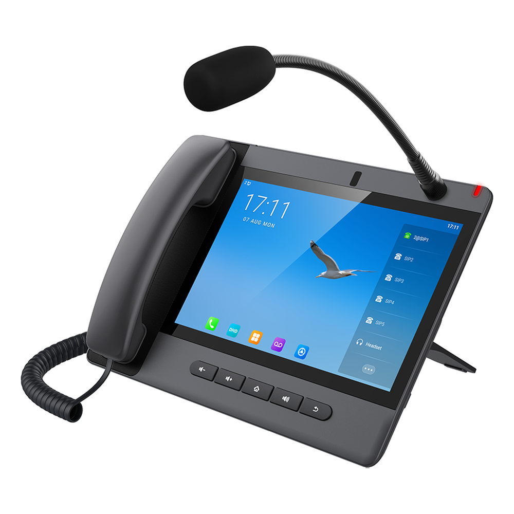 Teléfono IP Android 9.0 Empresarial para voceo 20 líneas SIP, pantalla táctil, Wi-Fi y Bluetooth, PoE, Voceo/ Musica por Multicast, puertos Gigabit