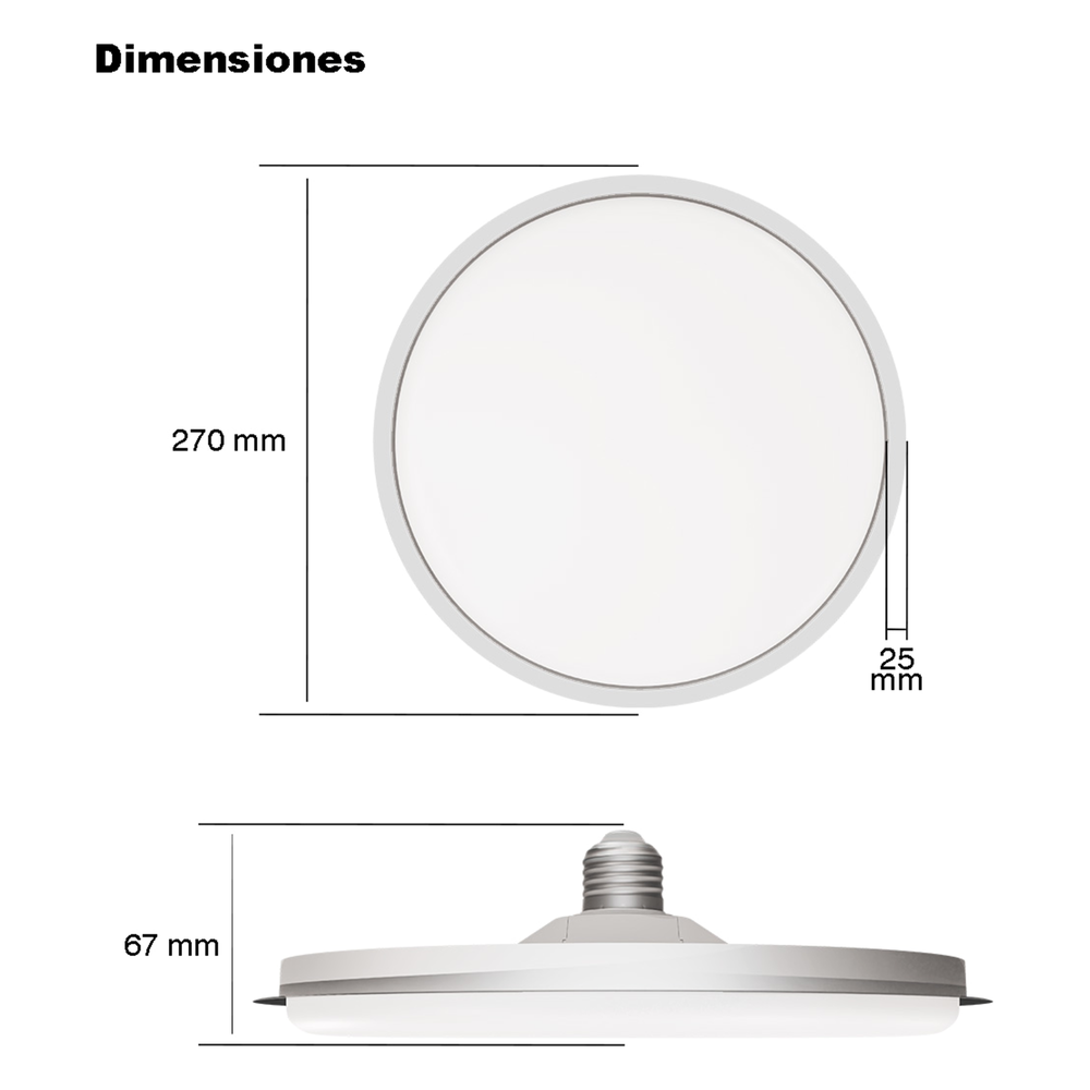 Foco LED Tipo Plafón de 38W 3300 Lúmenes / IP20 /Uso Interior / Base E27 / Temperatura de Color 6500 K / Angulo de Luz 140°