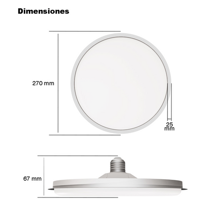 Foco LED Tipo Plafón de 38W 3300 Lúmenes / IP20 /Uso Interior / Base E27 / Temperatura de Color 6500 K / Angulo de Luz 140°