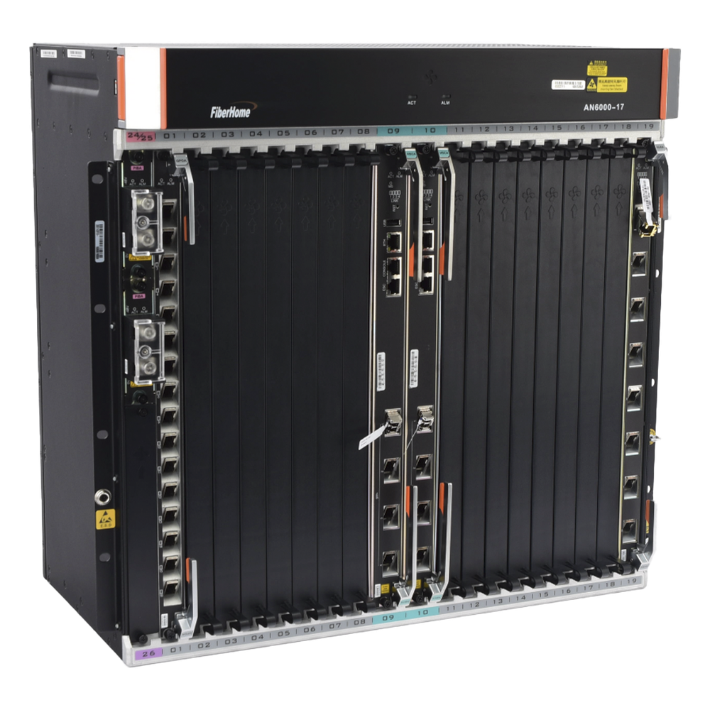 OLT Carrier Class Modular GPON, 16 Ranuras de Servicio, Incluye 1 Tarjeta de Servicio, crecimiento hasta 256 puertos GPON o 128 XGPON, Gestión por